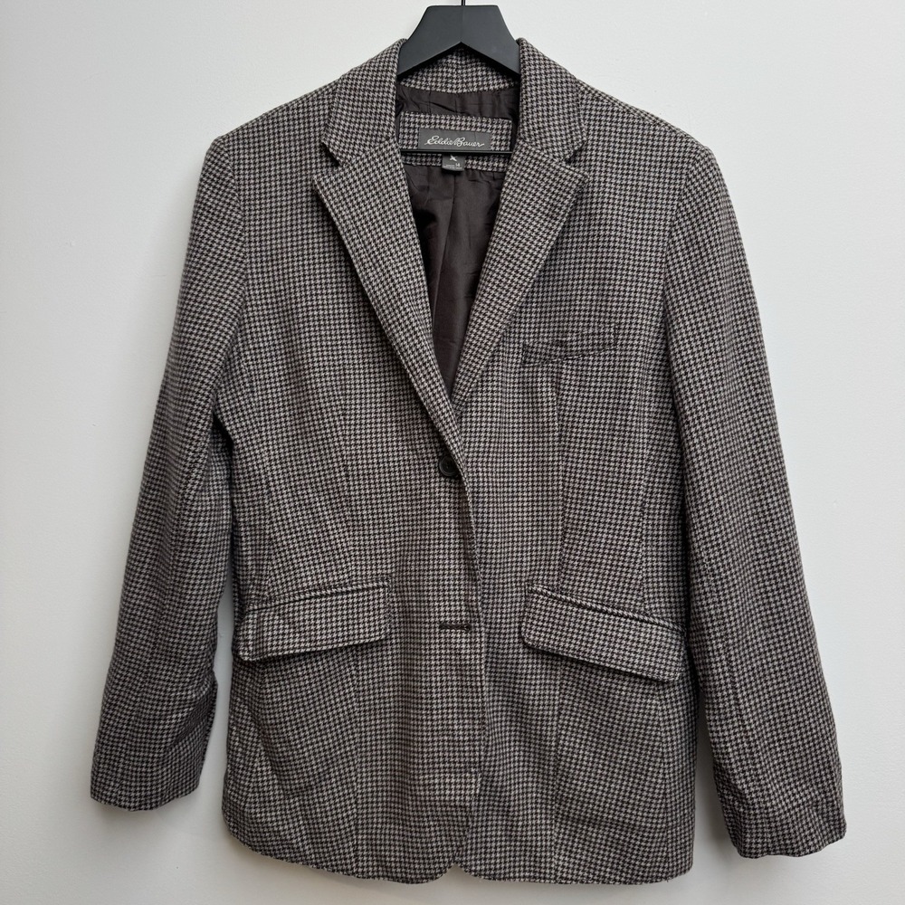 Eddie‎ Bauer Blazer Womens 14 Brown Houndstooth Wool Tweed Casual Preppy Coat